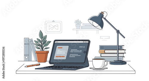 Laptop on a desk with lamp.