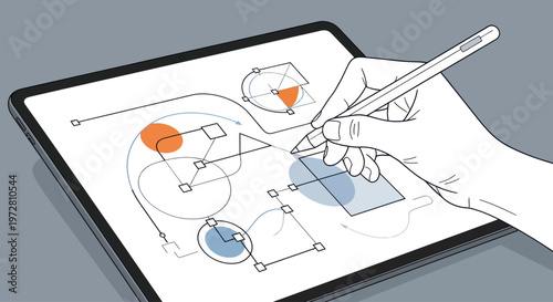 Hand holding stylus on tablet.