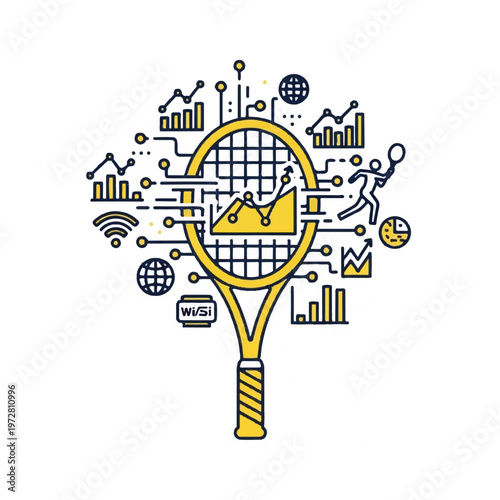Tennis racket with graphs and charts illustration for sports analysis