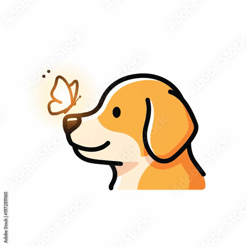 A dog sniffs a butterfly in a sunny outdoor scene with nature