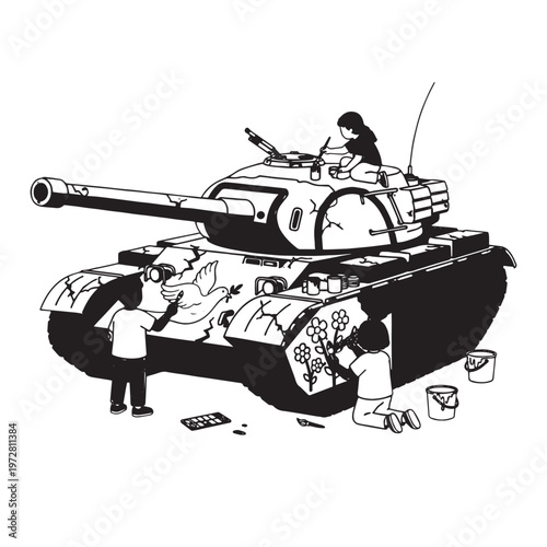 Isolated vector illustration of a heavy green military helicopter and an armored army tank with a camouflage turret and cannon for war conflict battle scenes