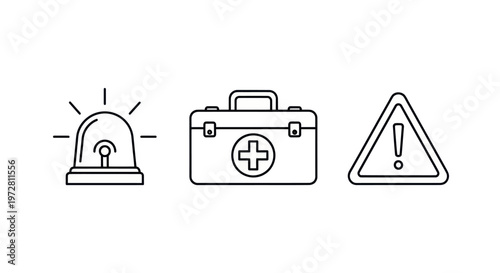Emergency and Safety Icons: Siren, First Aid Kit, and Warning Sign