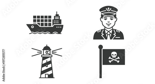 Maritime symbols set with ship, captain, lighthouse, and pirate flag icons.