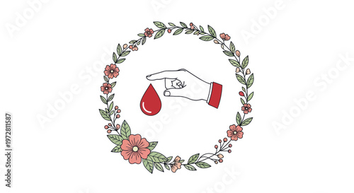 Blood Donation or Health Care Concept with Hand and Drop in Floral Wreath