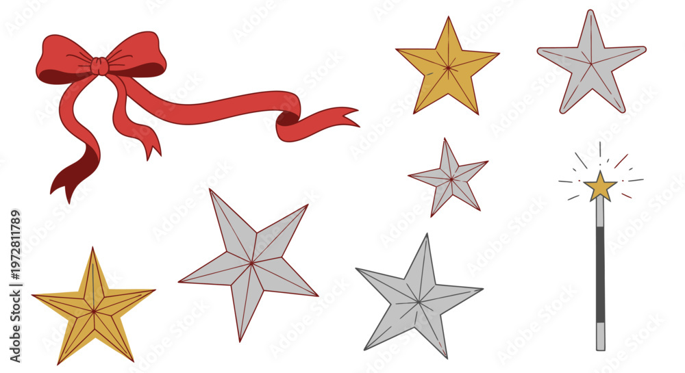 Obraz premium Collection of festive holiday design elements with stars, ribbon, and a magic wand.