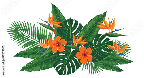 Vibrant tropical flowers and exotic leaves arranged in a bouquet.