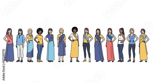 Diverse group of women standing together with different ethnicities and styles.