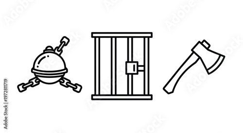 Line art conceptual icons representing legal punishment, freedom, and criminal justice.