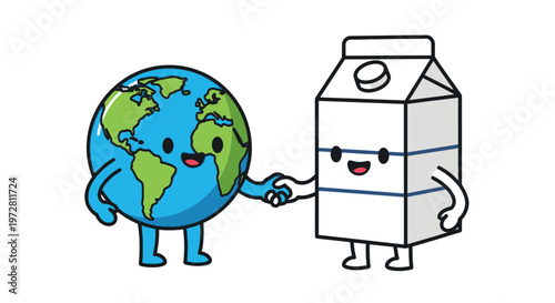Earth and milk carton shake hands in friendly agreement