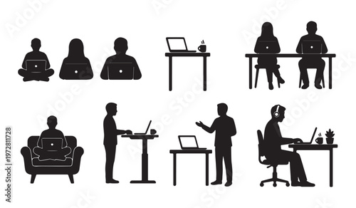 People working on laptop silhouettes at desk, remote work online education office workspace productivity  Silhouettes vector illustration isolated collection set just black color