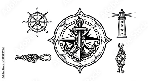 Nautical symbols collection with anchor, compass, lighthouse, ship wheel and knots.