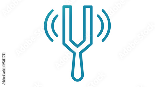 Minimalist teal gradient tuning fork vector icon illustration with sound waves, representing musical pitch, acoustic resonance, and audio frequency for professional graphic design and interfaces.