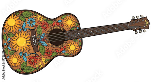 Acoustic guitar decorated with colorful flowers and suns.