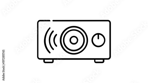 Minimalist black and white line icon illustration of a modern audio amplifier or radio receiver with speaker and volume control knob, perfect for music technology and sound system design.