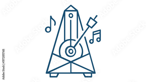 Minimalist Blue Line Vector Illustration of a Classic Musical Metronome with Floating Music Notes, Ideal for Rhythm, Tempo, and Beat-Related Graphic Design Projects, Music Apps, and Education.