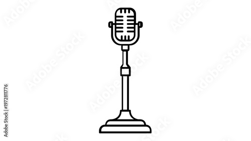 Vintage Microphone Vector Icon Illustration: Minimalist Black Line Art of a Classic Studio Mic on a Stand for Podcasting, Radio Broadcasting, Music Recording, and Audio Production Projects.