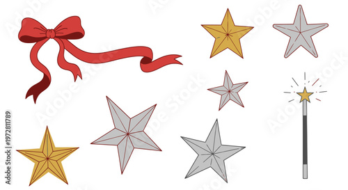 Collection of festive holiday design elements with stars, ribbon, and a magic wand.