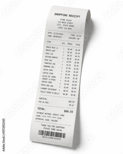 Long shopping receipt isolated on a clean white background with soft studio lighting. Financial concept showing expenses, inflation and cost of living. Minimal commercial composition with copy space.