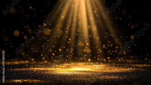 Golden Spotlight Illuminating Glittering Particles on Dark Background.