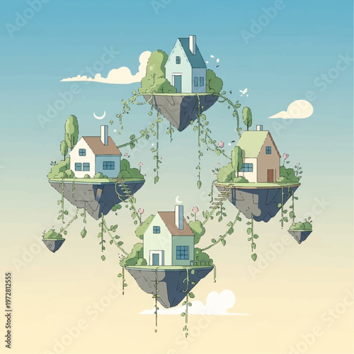 Houses float in air connected by vines under sunny sky