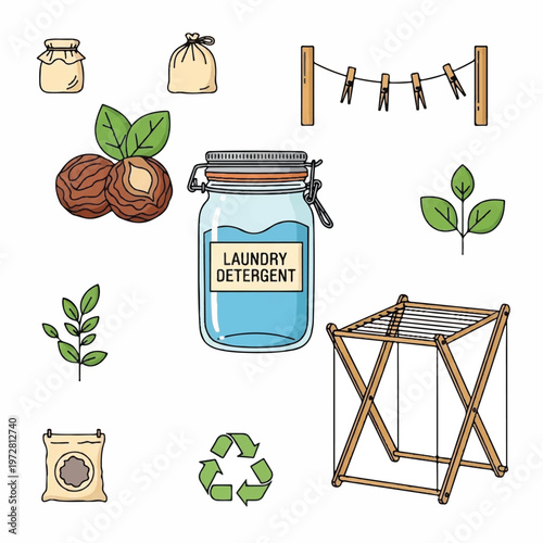 Laundry detergent and eco-friendly laundry setup with walnuts and green plants on a clothes drying rack