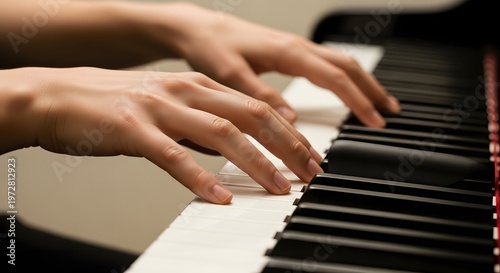 close-up of hands playing piano keys, soft natural light, shallow depth of field, emotional music concept