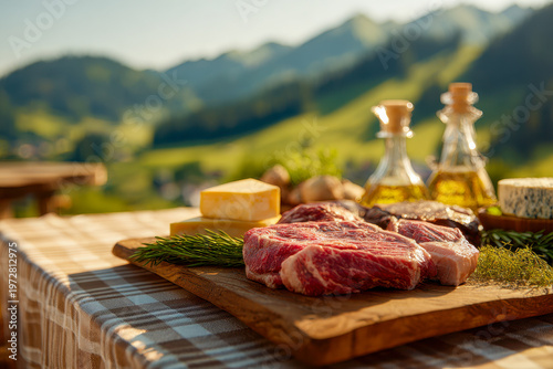 Fresh raw steaks on a wooden board with herbs and cheese set outdoors on a checkered tablecloth with mountain landscape in soft background sunlight
