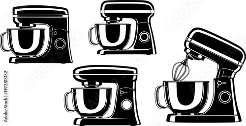 Set of four modern black kitchen stand mixers isolated on white background for cooking baking appliances
