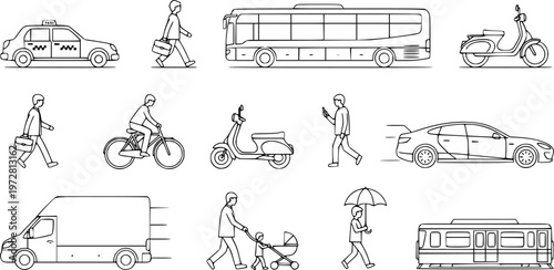 Line art vehicles and pedestrians urban transportation set isolated black white minimalist design
