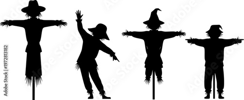 A set of four black scarecrow silhouettes on a white background
