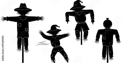 A set of four black scarecrow silhouettes on a white background
