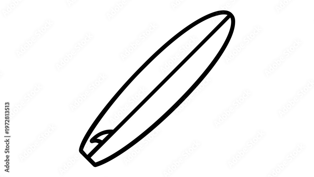 Obraz premium Surfboard vector icon illustration featuring a minimalist black line art design of a classic longboard for surfing, water sports, beach lifestyle, and summer vacation, scalable AI-generated art.