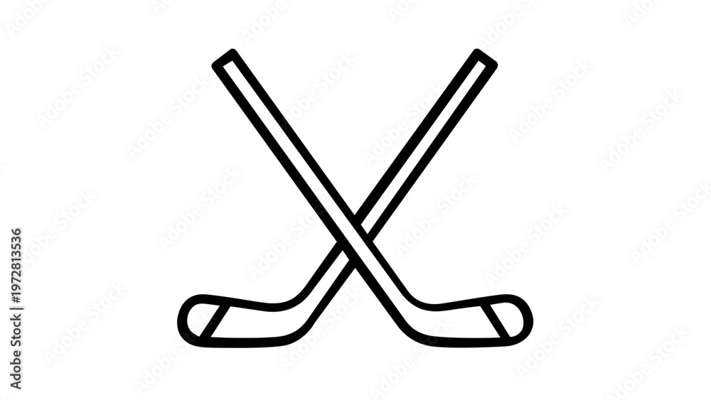 Fototapeta premium Minimalist crossed ice hockey sticks vector icon illustration. Scalable flat line art design representing winter sports equipment, professional league athletics, and competitive team gameplay.