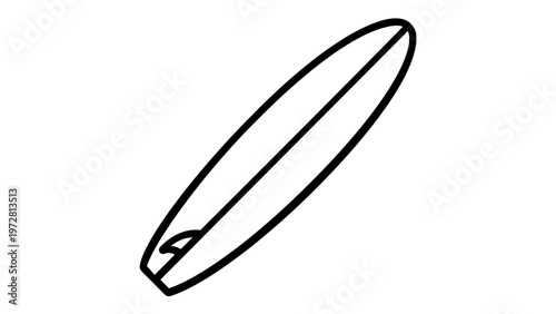 Surfboard vector icon illustration featuring a minimalist black line art design of a classic longboard for surfing, water sports, beach lifestyle, and summer vacation, scalable AI-generated art.