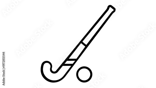 Field hockey stick and ball vector icon illustration. Minimalist line art design for sports equipment. Scalable black and white graphic for fitness, athletics, team games, and competition.