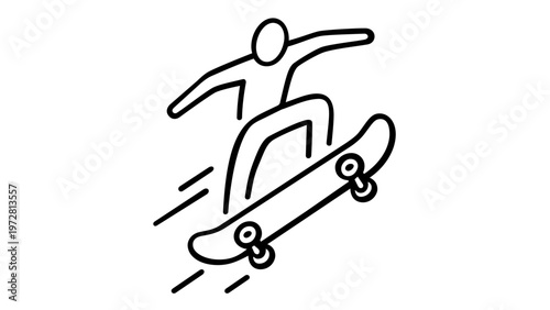 Minimalist Skateboarder Vector Icon Illustration Featuring a Person Performing a Trick on a Skateboard, Hand-Drawn Black Line Art Style, Scalable AI-Generated Graphic for Sports and Fitness.