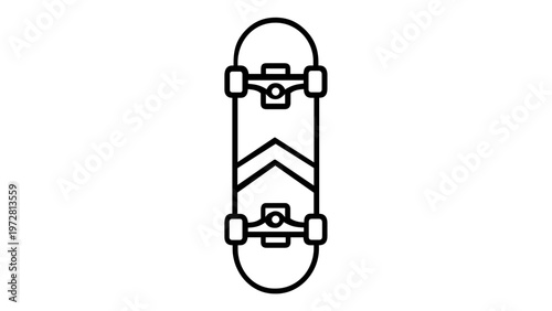 Skateboard Line Icon Vector Illustration, Minimalist Black and White Design Showing Bottom View with Trucks and Wheels, Scalable Flat Graphic for Extreme Sports, Urban Lifestyle, and Skateboarding.