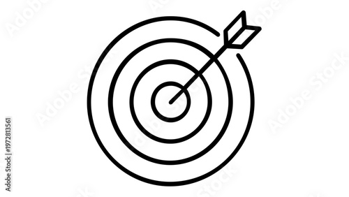 Minimalist black and white vector icon illustration of a target bullseye with an arrow hitting the center, representing success, goals, achievement, accuracy, precision, and business strategy.