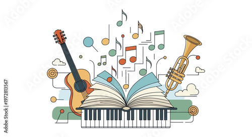 Music instruments and sheet music.