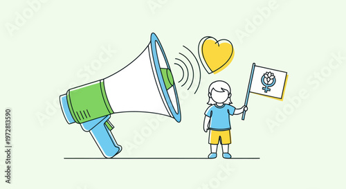 Child Holding Protest Sign and Megaphone.