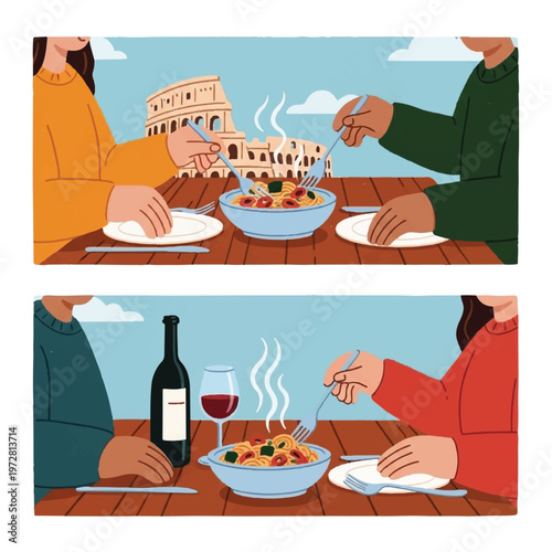 Couple sharing pasta meal with wine outdoors near ancient Rome landmark