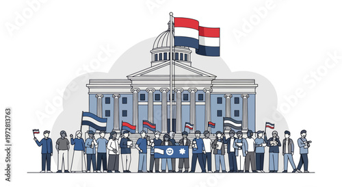 People standing in front government building.