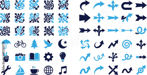 Diverse assortment of backpacks and travel gear in blue and navy.