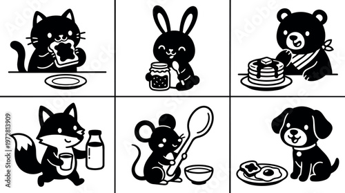 Black and white cartoon animals eating breakfast vector art set