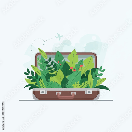 A brown suitcase overflows with lush green plants and leaves as an airplane flies by in the sky.
