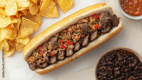 Hearty Cuban Steak and Rice Sandwich with Chips