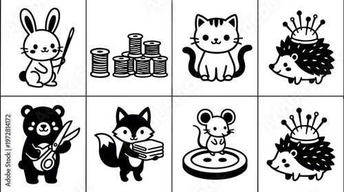 Black and white cute animal sewing icons with threading tools and needle cushion