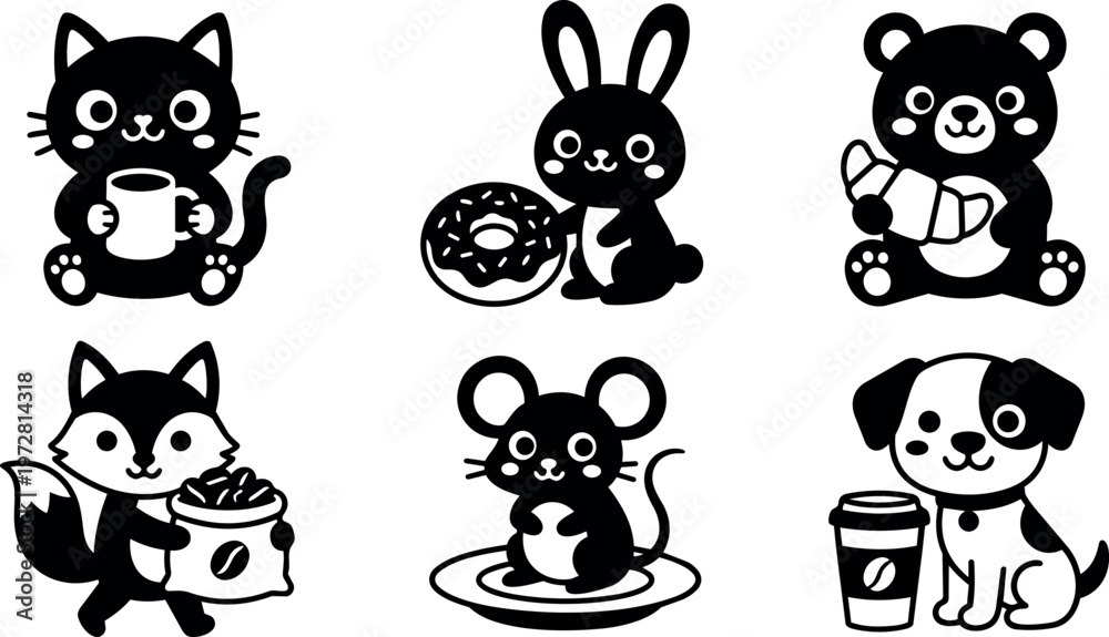 Obraz premium Black and white cute cat bunny bear fox mouse and dog holding food and drinks vector art