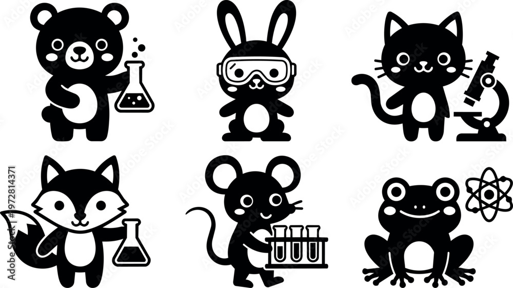 Obraz premium Black and white science animals bear rabbit cat fox mouse and frog with lab equipment