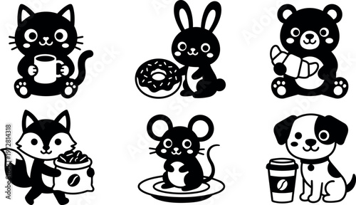 Black and white cute cat bunny bear fox mouse and dog holding food and drinks vector art